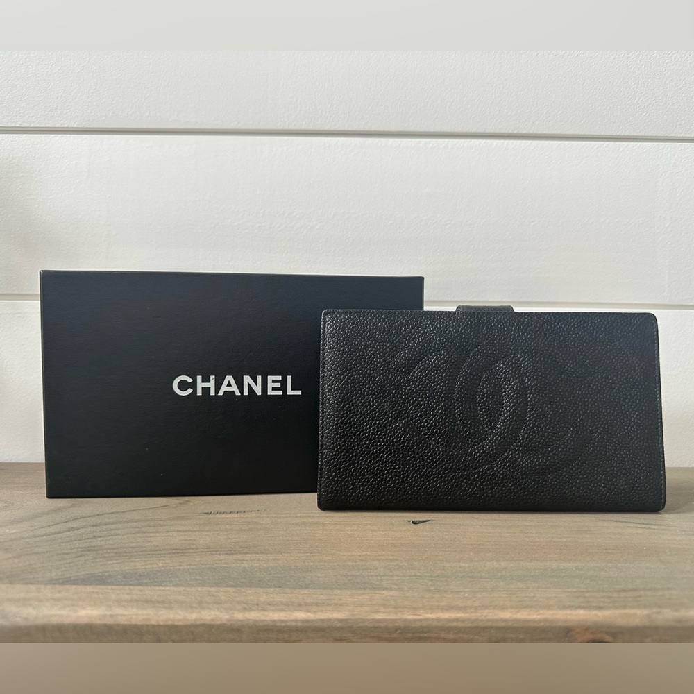 Authentic CHANEL Vintage Black Caviar French Long Wallet with Box and Dust Cloth